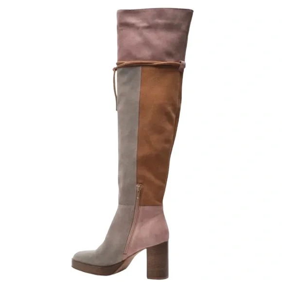 New Free People Patchwork Platform Over-The-Knee Tall Suede Leather Boots Italy